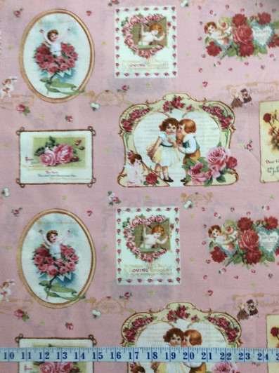 Victorian Rose Vintage Postcards Pink Cotton Quilting Fabric 1/2 YARD Victorian Rose Vintage Postcards Pink Cotton Quilting Fabric 1/2 YARD