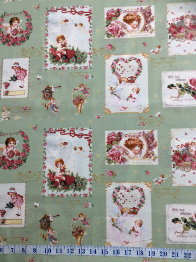 Victorian Rose Vintage Postcards Green Cotton Quilting Fabric 1/2 YARD Victorian Rose Vintage Postcards Green Cotton Quilting Fabric 1/2 YARD