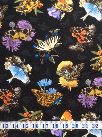 Butterflies Moths and Flowers Tossed Black Cotton Quilting Fabric 1/2 YARD Butterflies Moths and Flowers Tossed Black Cotton Quilting Fabric 1/2 YARD