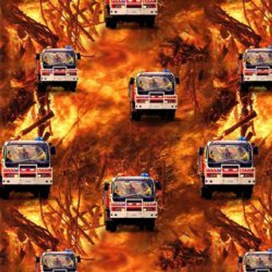 Honouring Australia's Firemen Wildfire Heroes 0109/J Fire Trucks Fire B/Ground Cotton Quilting Fabric 1/2 YARD Honouring Australia's Firemen Wildfire Heroes 0109/J Fire Trucks Fire B/Ground Cotton Quilting Fabric 1/2 YARD