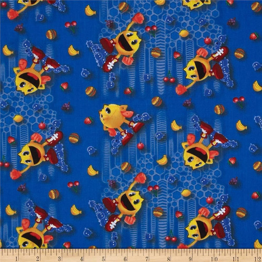 Pac Man Tossed Blue Cotton Quilting Fabric Pac Man Tossed Blue Cotton Quilting Fabric