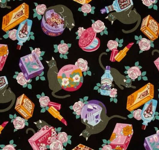 Cats Cosmo Black Cats and Makeup Black Cotton Quilting Fabric Cats Cosmo Black Cats and Makeup Black Cotton Quilting Fabric