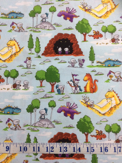 Dragons Fun with Knights Blue Cotton Quilting Fabric 1/2 YARD Dragons Fun with Knights Blue Cotton Quilting Fabric 1/2 YARD
