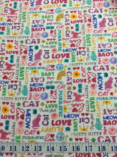 Cats Kittens Bows Flowers Words White Cotton Quilting Fabric 1/2 YARD Cats Kittens Bows Flowers Words White Cotton Quilting Fabric 1/2 YARD