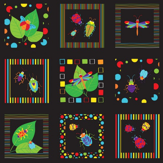 Bugs and Critters in Squares Black Background Cotton Quilting Fabric 1/2 YARD Bugs and Critters in Squares Black Background Cotton Quilting Fabric 1/2 YARD