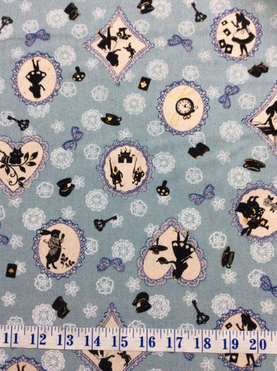 Girls Story Alice in Wonderland Badges Turquoise Gold Highlights Cotton/Linen Blend Fabric 1/2 YARD