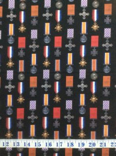 Remembering the ANZACS WW1 Medals Allover Cotton Quilting Fabric 1/2 YARD Remembering the ANZACS WW1 Medals Allover Cotton Quilting Fabric 1/2 YARD