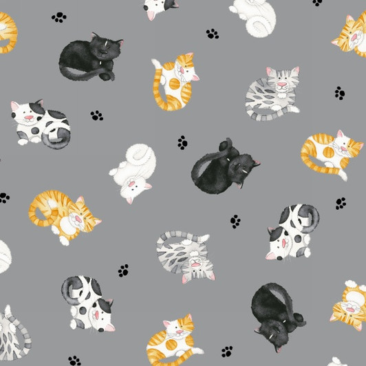 Cats Meow Cats Tossed Mini Grey Henry Glass Cotton Quilting Fabric 1/2 YARD