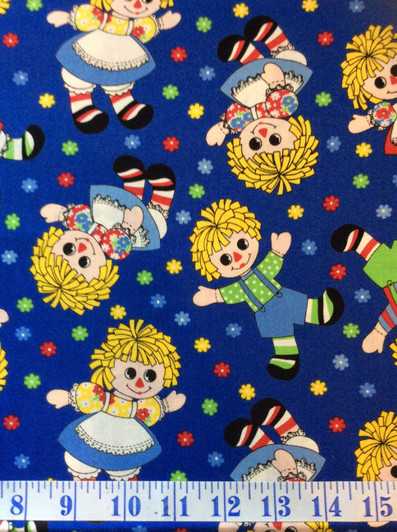 Holly Dollies Medium Retro Rag Dolls Blue Cotton Quilting Fabric 1/2 YARD