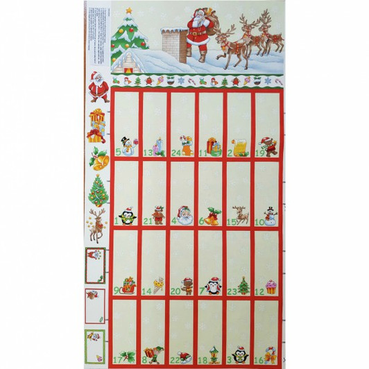 Father Christmas Santa and Reindeer on Rooftop Advent Calendar Cotton Quilting Fabric Panel Father Christmas Santa and Reindeer on Rooftop Advent Calendar Cotton Quilting Fabric Panel