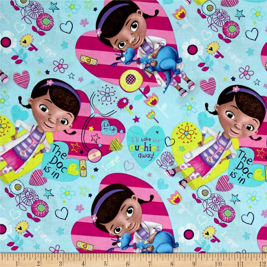 Disney Doc McStuffins Doc is In Allover Blue Cotton Quilting Fabric 1/2 YARD Disney Doc McStuffins Doc is In Allover Blue Cotton Quilting Fabric 1/2 YARD