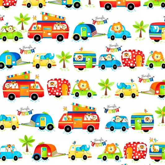 Jungle Camp Animals Cars Caravans White Background Cotton Quilting Fabric 1/2 YARD Jungle Camp Animals Cars Caravans White Background Cotton Quilting Fabric 1/2 YARD