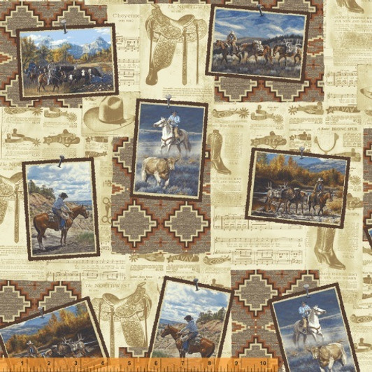Cowboys Western Horses Mountain Pass Postcards Multi Cotton Quilting Fabric 1/2 YARD