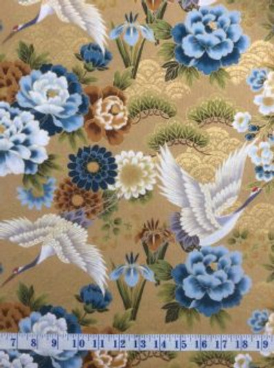 Cranes Flowers Silver Highlights Kio Beige Japanese Asian Cotton Quilting Fabric 1/2 YARD Cranes Flowers Silver Highlights Kio Beige Japanese Asian Cotton Quilting Fabric 1/2 YARD