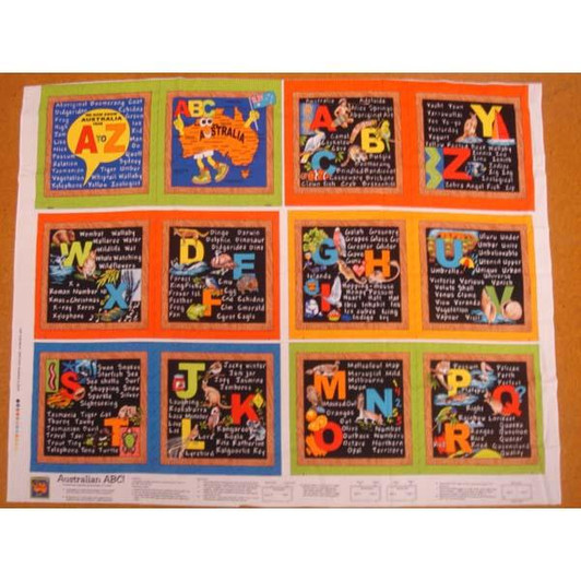 ABC Australian Animal Childrens Book Cotton Quilting Fabric Panel ABC Australian Animal Childrens Book Cotton Quilting Fabric Panel