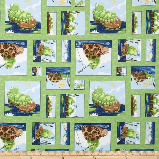 Susybee Paul and Sheldon Gone Fishing Patchwork Green Cotton Quilting Fabric 1/2 YARD Susybee Paul and Sheldon Gone Fishing Patchwork Green Cotton Quilting Fabric 1/2 YARD