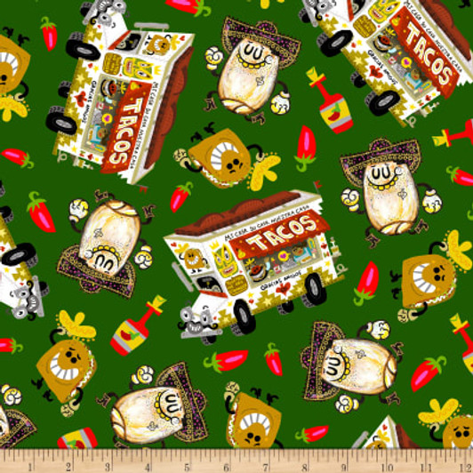 Hot Tamale Foodies Tossed Food Green Cotton Quilting Fabric 1/2 YARD Hot Tamale Foodies Tossed Food Green Cotton Quilting Fabric 1/2 YARD