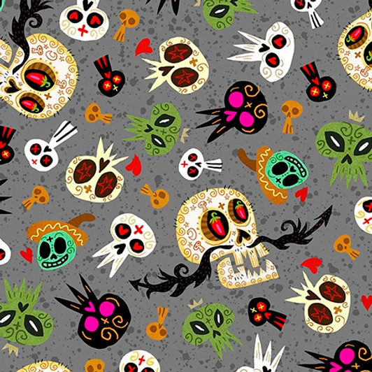 Hot Tamale Skulls Tossed Grey Cotton Quilting Fabric 1/2 YARD Hot Tamale Skulls Tossed Grey Cotton Quilting Fabric 1/2 YARD