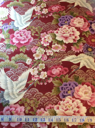 Cranes Flowers Silver Highlights Kio Red Japanese Asian Cotton Quilting Fabric 1/2 YARD Cranes Flowers Silver Highlights Kio Red Japanese Asian Cotton Quilting Fabric 1/2 YARD