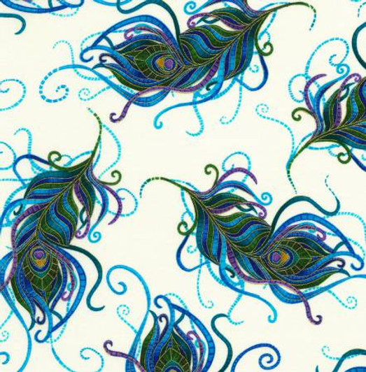 Peacock Feathers Mosaic White Gold Metallic Highlights Cotton Quilting Fabric 1/2 YARD Peacock Feathers Mosaic White Gold Metallic Highlights Cotton Quilting Fabric 1/2 YARD