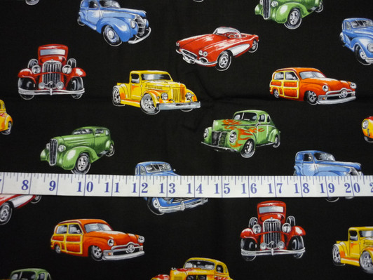 Classic Cars Retro Hot Rods Ute Black Background Cotton Quilting Fabric