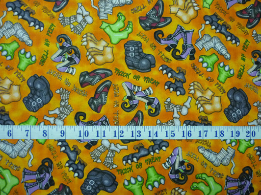 A Haunting We Will Go Monster Feet Orange Cotton Quilting Fabric 1/2 YARD