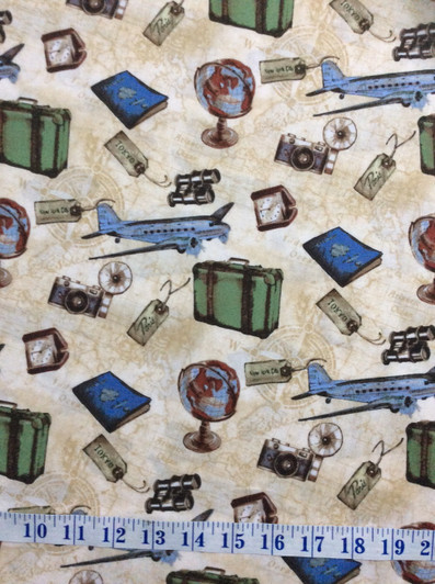 Planes Cameras Passport Travel Sand Cotton Quilting Fabric 1/2 YARD Planes Cameras Passport Travel Sand Cotton Quilting Fabric 1/2 YARD