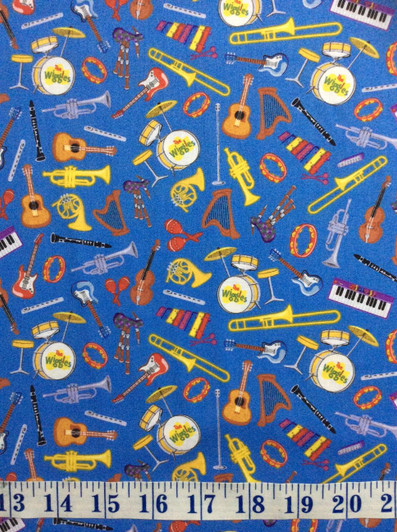 The Wiggles Ready Steady Wiggle Instruments Blue Cotton Quilting Fabric 1/2 YARD The Wiggles Ready Steady Wiggle Instruments Blue Cotton Quilting Fabric 1/2 YARD