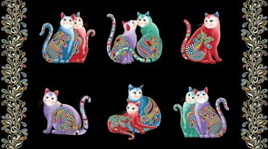 Cat-I-Tude 2 Purr Fect Together In A Row Black Metallic Highlights Cotton Quilting Fabric Panel Cat-I-Tude 2 Purr Fect Together In A Row Black Metallic Highlights Cotton Quilting Fabric Panel
