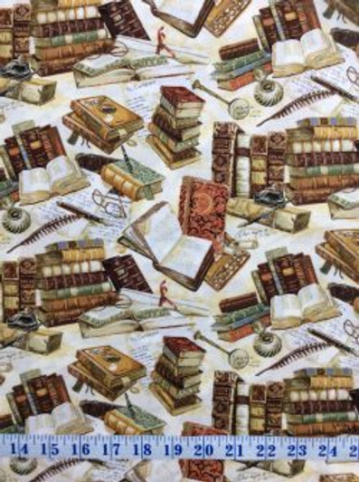 Books Victorian Vintage Parchment Pens Cotton Quilting Fabric 1/2 YARD Books Victorian Vintage Parchment Pens Cotton Quilting Fabric 1/2 YARD