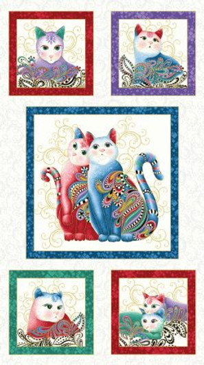 Cat-I-Tude 2 Purr Fect Together White Background Metallic Highlights Cotton Quilting Fabric Panel Cat-I-Tude 2 Purr Fect Together White Background Metallic Highlights Cotton Quilting Fabric Panel