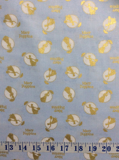 Disney Mary Poppins Blue Framed Toss Metallic Highlights Cotton Quilting Fabric 1/2 YARD