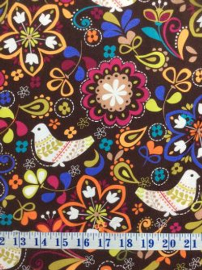 Birds of Norway Espresso Floral Cotton Quilting Fabric 1/2 YARD Birds of Norway Espresso Floral Cotton Quilting Fabric 1/2 YARD