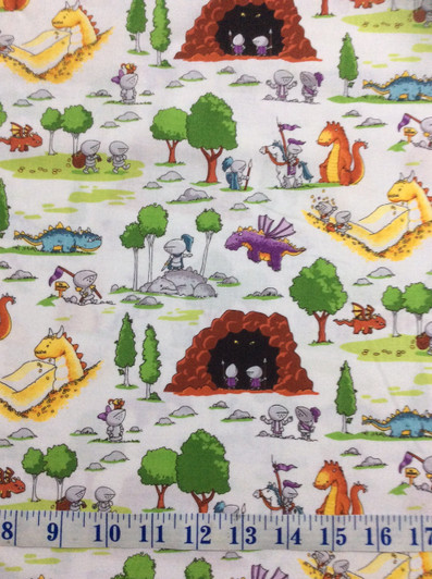Dragons Fun with Knights White Cotton Quilting Fabric 1/2 YARD Dragons Fun with Knights White Cotton Quilting Fabric 1/2 YARD
