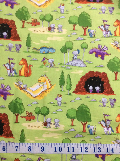Dragons Fun with Knights Green Cotton Quilting Fabric 1/2 YARD Dragons Fun with Knights Green Cotton Quilting Fabric 1/2 YARD