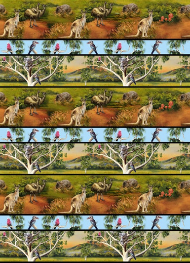 Australian Wildlife Valley Stripe Kangaroo Emu Koala Wombat Cotton Quilting Fabric 1/2 YARD Australian Wildlife Valley Stripe Kangaroo Emu Koala Wombat Cotton Quilting Fabric 1/2 YARD