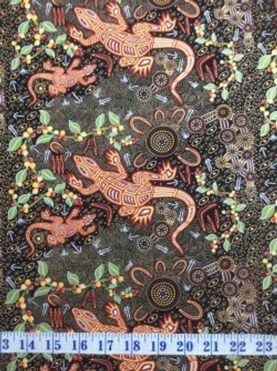 Australian Aboriginal Art Man and Goanna Black Cotton Quilting Fabric 1/2 YARD Australian Aboriginal Art Man and Goanna Black Cotton Quilting Fabric 1/2 YARD