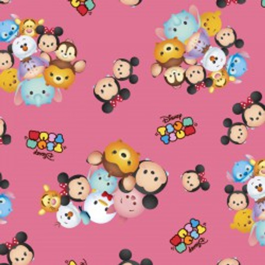 Disney Tsum Group Toss Large with Logo Pink Background Cotton Quilting Fabric 1/2 YARD Disney Tsum Group Toss Large with Logo Pink Background Cotton Quilting Fabric 1/2 YARD