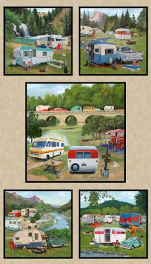 Caravan Retro Vintage Trailers Camp Park Earth Cotton Quilting Fabric Panel Caravan Retro Vintage Trailers Camp Park Earth Cotton Quilting Fabric Panel
