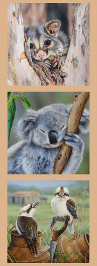 Australian Wildlife Art Kookaburras Koalas Possums DV3175 Cotton Quilting Fabric Small Panel Australian Wildlife Art Kookaburras Koalas Possums DV3175 Cotton Quilting Fabric Small Panel