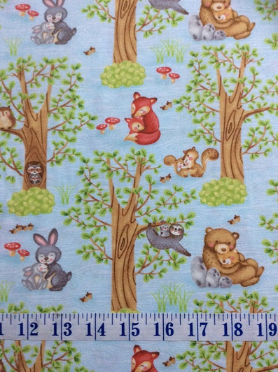 Hugs and Love Trees Animal Mums and Babies Sky Blue Cotton Quilting Fabric 1/2 YARD