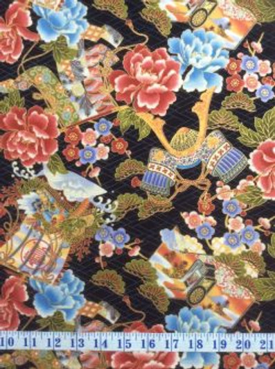 Flowers Floral Asian and Rickshaws Kenzan Gold Highlights Cotton Quilting Fabric 1/2 YARD Flowers Floral Asian and Rickshaws Kenzan Gold Highlights Cotton Quilting Fabric 1/2 YARD
