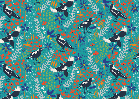 Merry Magpies Aqua Green Australian Birds Taking Flight Cotton Quilting Fabric Merry Magpies Aqua Green Australian Birds Taking Flight Cotton Quilting Fabric