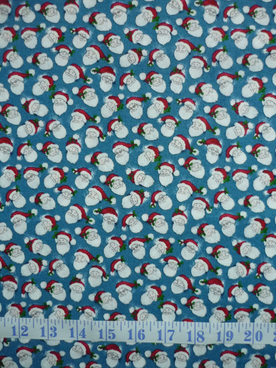 Holly Jolly Christmas Santa Heads Tossed Blue Cotton Quilting Fabric 1/2 YARD