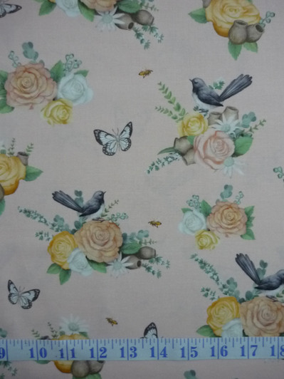 Australian Native Nursery  Roses Birds Butterflies Pink Cotton Quilting Fabric 1/2 YARD Australian Native Nursery  Roses Birds Butterflies Pink Cotton Quilting Fabric 1/2 YARD