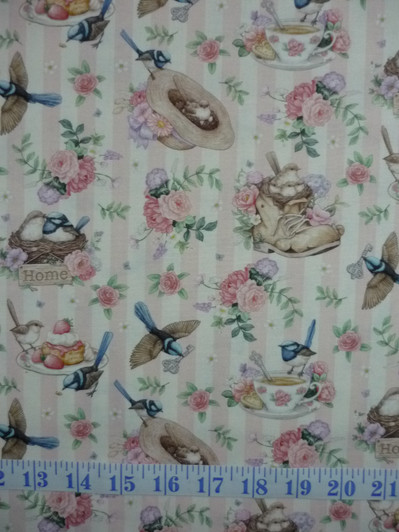 Little Wren Cottage Birds Cups Hats Floral Pink Stripe Cotton Quilting Fabric