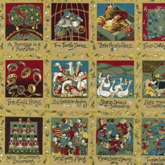 Twelve Days of Christmas Gold Metallic Highlights Cotton Quilting Fabric 1/2 YARD Twelve Days of Christmas Gold Metallic Highlights Cotton Quilting Fabric 1/2 YARD