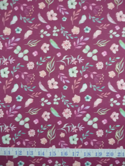 A Magical Time Floral Flowers and Leaves Maroon Background Cotton Quilting Fabric 1/2 YARD