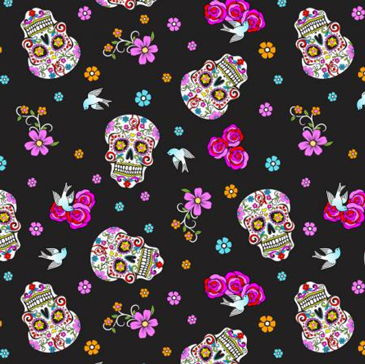 Day of the Dead Folkloric Skulls Silver Glitter Highlights Cotton Quilting Fabric 1/2 YARD Day of the Dead Folkloric Skulls Silver Glitter Highlights Cotton Quilting Fabric 1/2 YARD