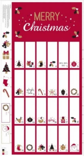 Merry Christmas Red and Gold Advent Calendar Cotton Quilting Fabric Panel